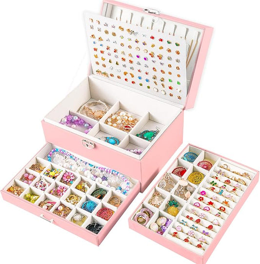 QBestry Earring Jewelry Box for Girls Pink, 5 Layers Jewelry Organizer with Lock Key Jewelry Boxes for Women Necklace and Earring Holder Organizer for Girls Teen Jewelry Box Earrings Case Xmas Gifts