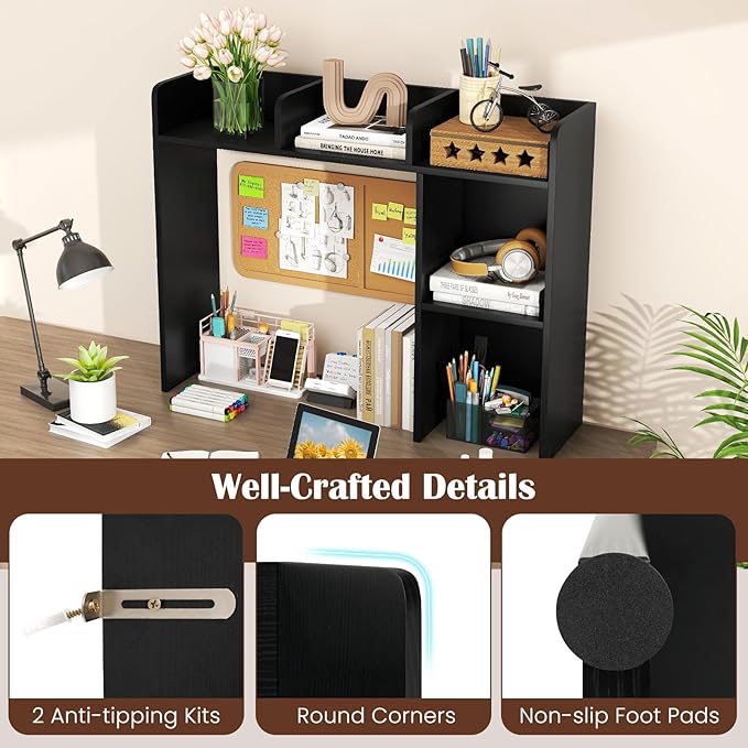 Desk Hutch, Desktop Shelf with 5 Shelves, Desk Bookshelf w/Anti-Toppling Devices, Wood Table Top Bookshelf Organizer, Small Desk Shelf for Study, Office, Dorm (Black, 5 Shelves)