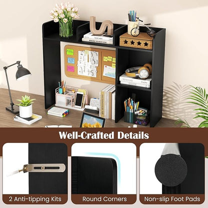 Desk Hutch, Desktop Shelf with 5 Shelves, Desk Bookshelf w/Anti-Toppling Devices, Wood Table Top Bookshelf Organizer, Small Desk Shelf for Study, Office, Dorm (Black, 5 Shelves)
