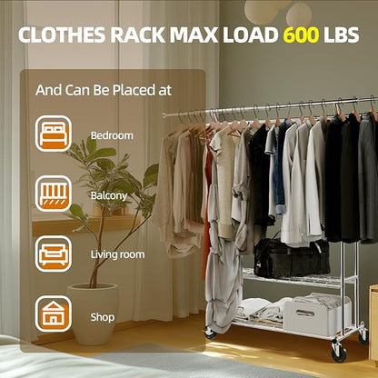 Clothes Rack, Heavy Duty Clothes Rack with Shelves Load 600 LBS, Sturdy Double Rod Clothing Racks for Hanging Clothes, Portable & Adjustable Garment Rack for Bedroom, Living Room