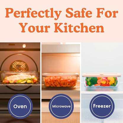 Ziruma Non-Toxic Glass Food Containers with Lids, 4-Pack, 35 oz, Beige | Plastic & BPA free. Glass body, glass lid & platinum silicone seal. Airtight & leakproof. Freezer & microwave safe.