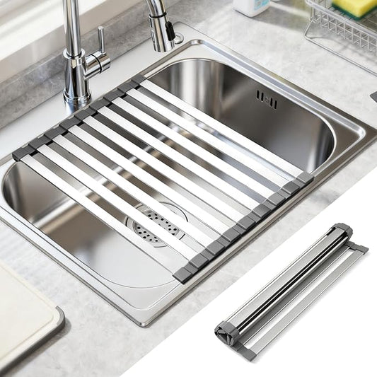 16.5" X 13" Roll Up Dish Drying Rack，Over The Sink Drying Rack 304 Stainless Steel Foldable Heat-Resistant Dishes Drainer for Kitchen and RV Sink Counter