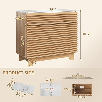 VNN 36 Inch Bathroom Vanity with Ceramic Sink - Freestanding Modern Bathroom Storage Vanity Cabinet with Fluted Design, Soft-Close Doors, Shelves, Toilet Paper Holder & Towel Hooks, Natural Oak