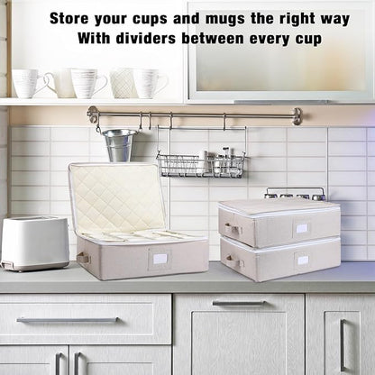 Uiifan 4 Pcs Cup and Mug Storage Box Stemware Storage Cases Containers Holds 12 Coffee Mug and Tea Cup with Lid Handle Wine Glass Box with Insert Cards for Label(Yellow)