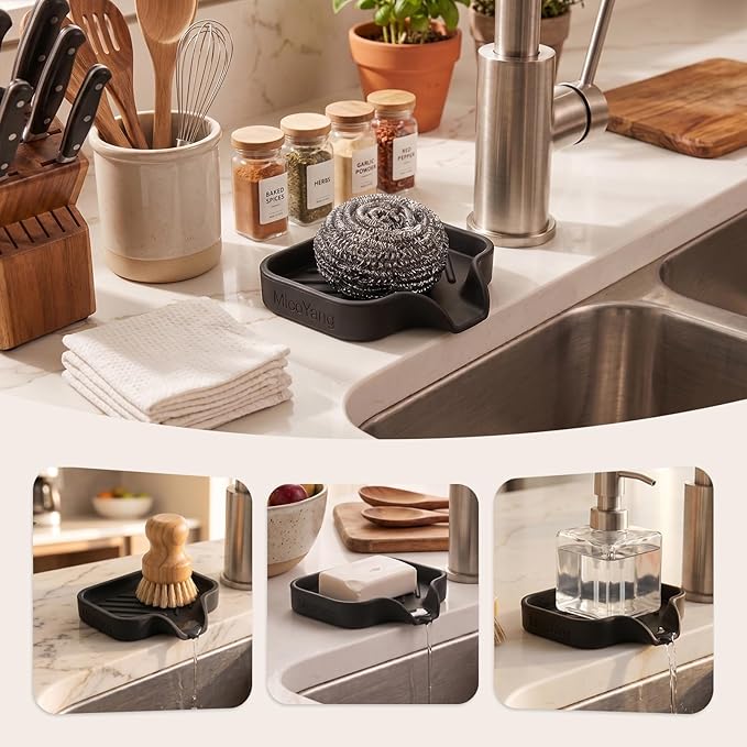 MicoYang Silicone Soap Dish with Drain Spout, Self-Draining Sink Organizer Tray for Bathroom and Kitchen, Sponges, Dispensers and Soap Holder, Non-Slip and Dishwasher Safe, Black (Compact, 4.9"×3.2")