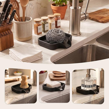 MicoYang Silicone Soap Dish with Drain Spout, Self-Draining Sink Organizer Tray for Bathroom and Kitchen, Sponges, Dispensers and Soap Holder, Non-Slip and Dishwasher Safe, Black (Compact, 4.9"×3.2")