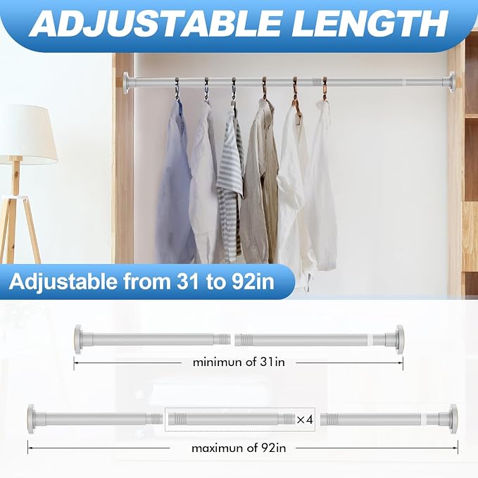CorkLatta Silver Shower Curtain Rod 31 to 92 Inch,1 Inch Diameter Adjustable Spring Tension Stainless Steel Telescoping Rod,Easy Install,No Rust