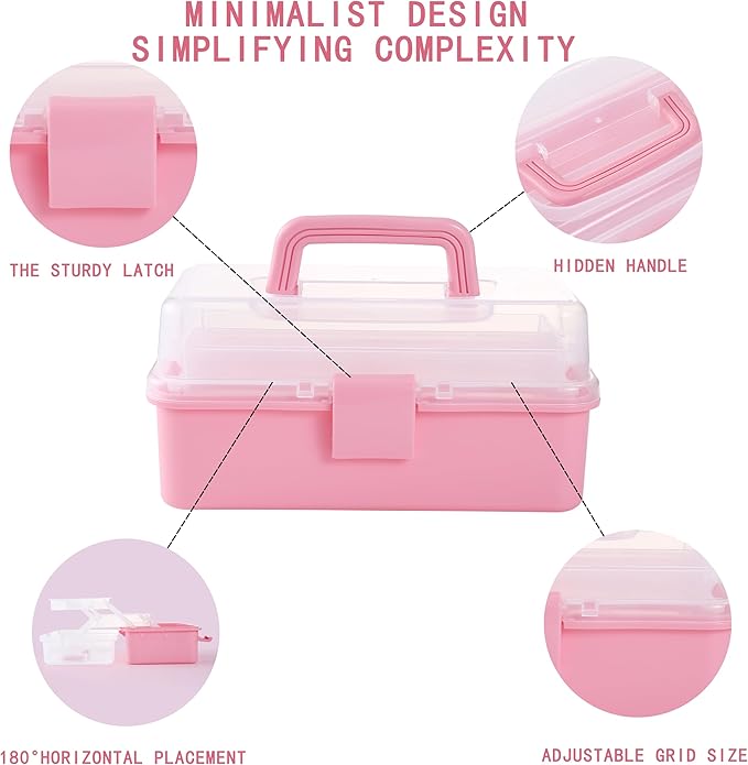 Flower River 11(in) Versatile Three-Layer Folding Organizer Box,Ideal for Art & Crafts,Toys,Sewing Supplies,Jewelry and Tools,Storage with Dual Trays,Elegant Pink