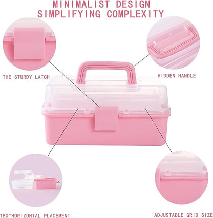 Flower River 11(in) Versatile Three-Layer Folding Organizer Box,Ideal for Art & Crafts,Toys,Sewing Supplies,Jewelry and Tools,Storage with Dual Trays,Elegant Pink