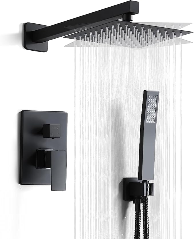 Matte Black Shower Head and Handle Set 8 Inch, Rain Shower Head with 2 Hooks, Luxury Rain Shower Set Square Wall Mount for Bathroom with Rain Shower and Handheld Shower System