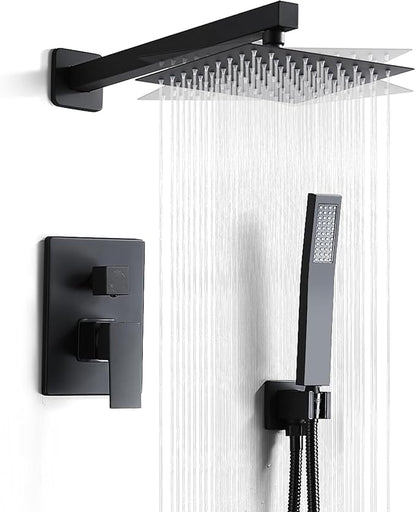 Matte Black Shower Head and Handle Set 8 Inch, Rain Shower Head with 2 Hooks, Luxury Rain Shower Set Square Wall Mount for Bathroom with Rain Shower and Handheld Shower System