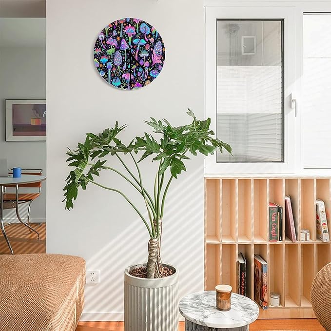 Botanical Wall Clock 12 Inch Silent Non Ticking Clock Wooden, Psychedelic Fantasy Magic Colorful Botanical Mushrooms Wall Clock Battery Operated Kitchen Bedroom Living Room Decor