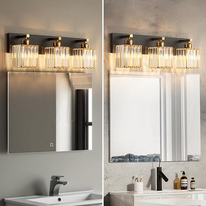 Modern Bathroom Vanity Light 3-Lights Black Gold Crystal Bathroom Wall Light Vanity Light Fixtures，20.47-inch Modern Minimalist Design