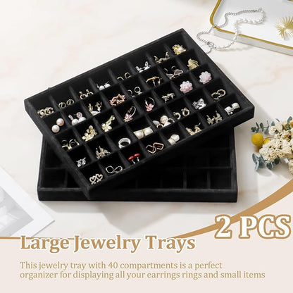 Large Velvet Jewelry Tray 2 Pack Stackable Jewelry Display Drawer Inserts Trays Organizer for Earring Bracelet Necklace Ring (Black, 40 Grids)