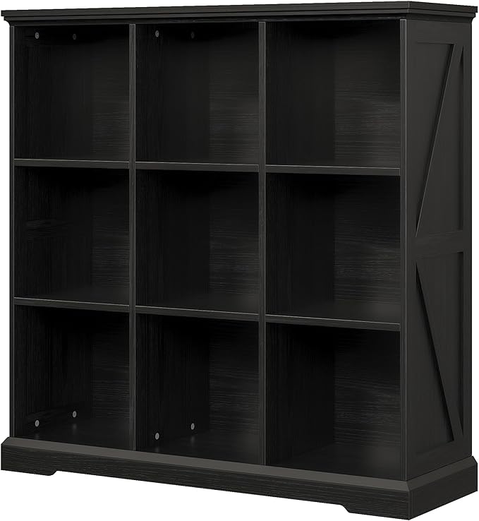 IRONCK Wooden 9 Cube Storage Organizer, Cube Shelf Organizer with Storage, Farmhouse Short Bookshelf for Bedroom, Living Room and Home Office, Black