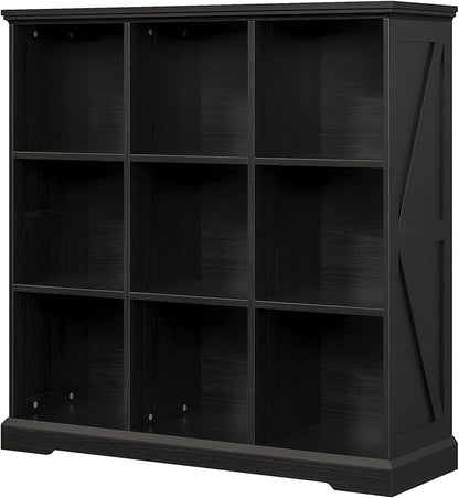 IRONCK Wooden 9 Cube Storage Organizer, Cube Shelf Organizer with Storage, Farmhouse Short Bookshelf for Bedroom, Living Room and Home Office, Black