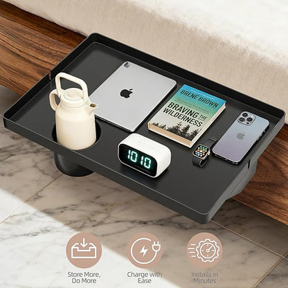 Bedside Shelf Dorm Bunk Bed, Bedside Caddy Shelf Dorm Bed, No Drill College Nightstand Organizer for Personal Items Books Glasses Apartment Bedroom Compact Space Solution Large+Black
