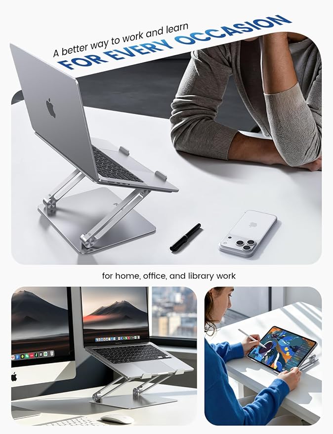 Lamicall Adjustable Laptop Stand, Portable Laptop Riser, Aluminum Laptop Stand for Desk Foldable, Ergonomic Computer Notebook Holder for MacBook Air Pro HP, Office Desk Accessories (10-17.3'')- Silver