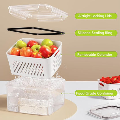 5 Pack Fruit Storage Containers for Fridge, Plastic Fruit Containers for Fridge with Removable Colanders, Leakproof Fridge Organizers and Storage for Berry Vegetable Salad Lettuce Meat Food