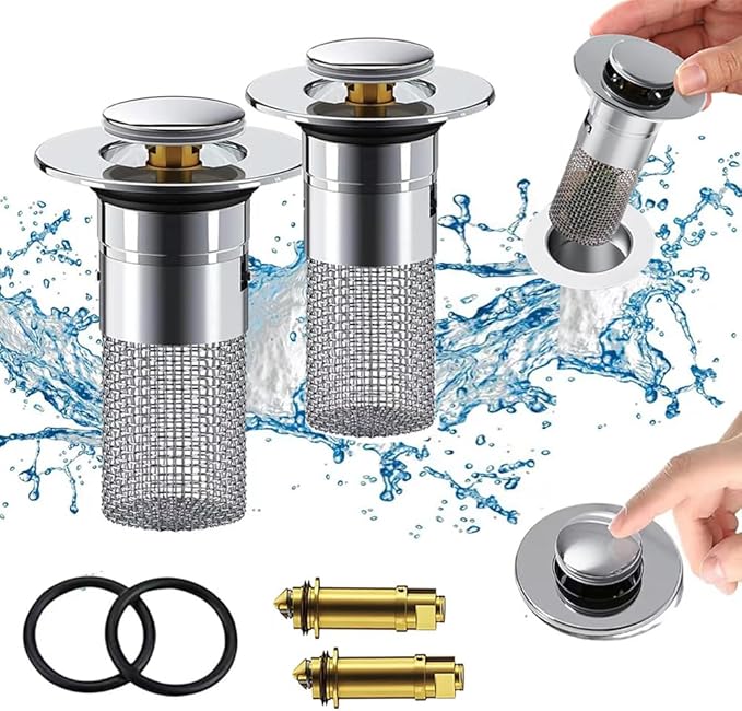 2Pack Bathroom Sink Drain Strainer, Pop Up Sink Drain Filter with Removable Stainless Steel Filter Basket Hair Catcher, for Us Bathroom Sink Stopper Replacement, Bathtubs, Showers & Floor Drains