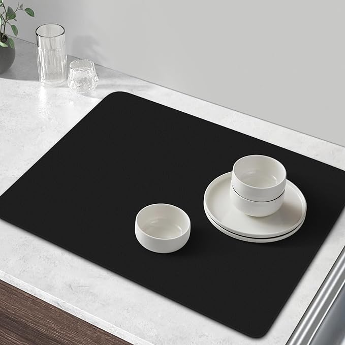 WISELIFE Coffee Mat Super Absorbent Dish Drying Mat Coffee Bar Accessories Match with Machine Large Drying Mats for Kitchen Counter 17" W x 30" L, Black