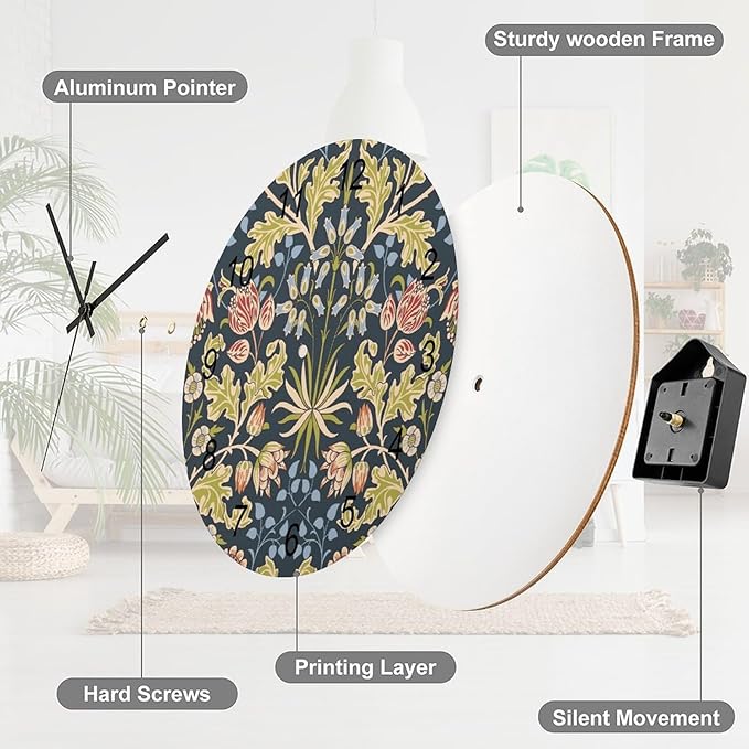 Retro Floral Wall Clock, Vintage William Morris Style Flowers and Foliage Round Clocks Wall Decor Silent No Ticking 12 Inch Wooden Clock for Bedroom Living Room Home Office