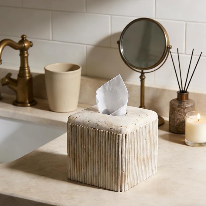 Natural Travertine Texture Striped Square Tissue Box Cover Decorative,Resin Heavy Sturdy Tissue Box Holder, Facial Paper Holder for Bathroom Vanity Countertop, Bedroom Night Stand,Office and End Table