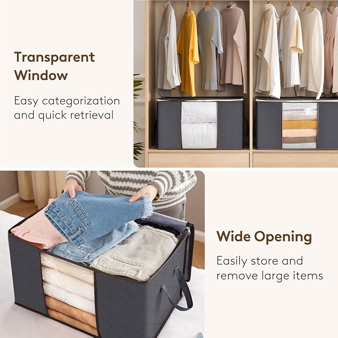 Lifewit Large Capacity Clothes Storage Bag Organizer with Reinforced Handle Thick Fabric for Comforters, Blankets, Bedding, Foldable with Sturdy Zipper, Clear Window, 12 Pack, 90L, Grey