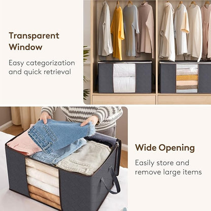 Lifewit 4 Pack 60L Clothes Storage Bins with Lids, Foldable Blanket Storage Bags with Zippers, Clear Window and Reinforced Handles, Closet and Organization for Clothing, Sweater, Comforter, Bedding