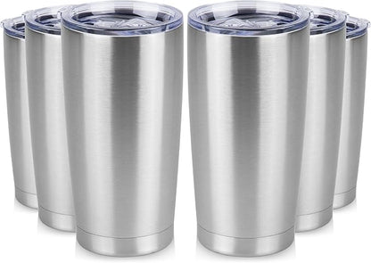 20 oz Tumbler Stainless Steel Tumblers Bulk with Lid Double Wall Insulated Coffee Tumbler Cups for Hot & Cold Drinks Powder Coated Travel Coffee Tumbler Mug Metal (Stainless Steel, 6 pack)