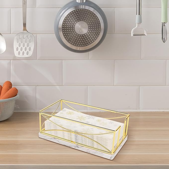 Livabber Guest Napkin Holder, Metal Bathroom Paper Hand Towel Storage Modern Napkin Tray Caddy for Countertop, Table Kitchen, Dinning Room (Gold, Marble Base)
