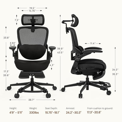 CabLady S2 Petite Ergonomic Office Chair for Women, Small Frame Desk Chair with Adjustable Lumbar, Headrest & Footrest, Space-Saving Flip-Up Armrests