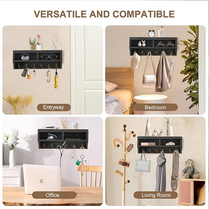 Key Holder Wall Mount - Mail Organizer Wall Mount with 6 Key Hooks and Storage Box for Sunglasses Storage and Dog Leash Holder Home Decor Rack Apartment Farmhouse Shelf Entryway Organizer (Black)