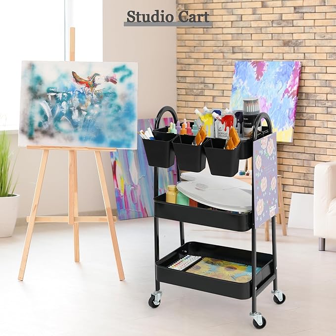 danpinera 3-Tier Rolling Cart, Utility Cart Mobile Metal Rolling Storage Cart with Lockable Wheels & Hanging Cups & Hooks for Kitchen, Bathroom, Office, Workshop, Black