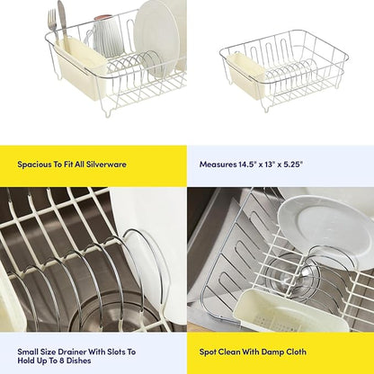 Dish Drying Rack & Cutlery Holder 2 Piece Set - Compact Sink-Fitting Dish Drainer with Rubberized Undercoating, Space-Saving Kitchen Organizer for Plates, Cups, Bowls & Utensils in Sink, Ivory