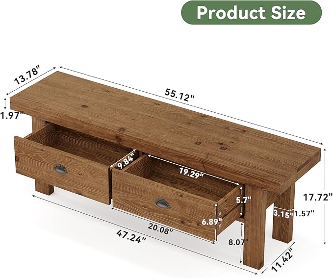 55" Solid Wood Entryway Bench with 2 Drawers, Farmhouse Long Bench End of Bed Stool with Open Storage Shelves for Hallway, Mudroom, Bedroom, Dark Brown
