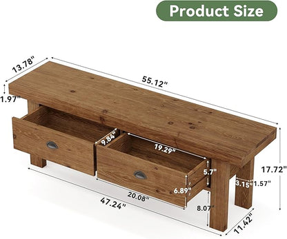 55" Solid Wood Entryway Bench with 2 Drawers, Farmhouse Long Bench End of Bed Stool with Open Storage Shelves for Hallway, Mudroom, Bedroom, Dark Brown
