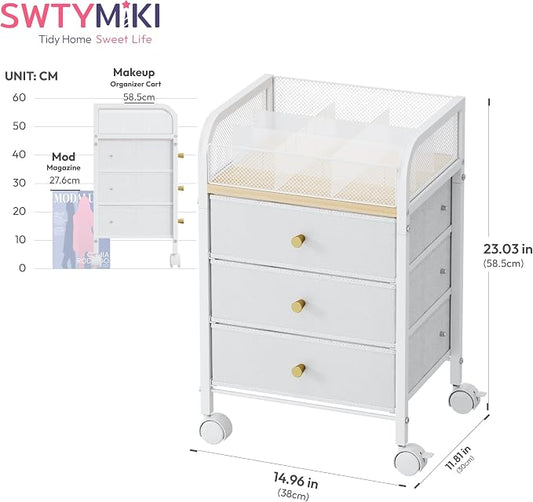 SWTYMIKI Rolling Makeup Organizer Cart - 14.96″*11.81″*23.03″ Widened Under Desk Vanity Storage with 3 Non-woven Drawers, Cosmetic Display Cases for Skin Care Perfume Nail Polish Brush Hair Tool White
