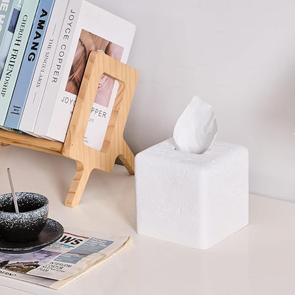 White Natural Travertine Textures Square Tissue Box Cover Holder, Resin Tissue Box Holder Decorative for Bathroom, Vanity, Kitchen Countertop, Bedroom Night Stands, Office Desk Top
