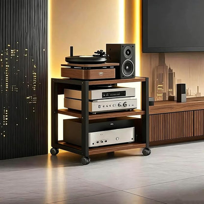 3 Tier AV Media Stand, Audio Rack Tower Stereo Components Cabinet, Home Theatre CD Record Player Stereo Receiver Equipment Rack with Adjustable Wood Shelves, Load 220lbs (Walnut Brown)