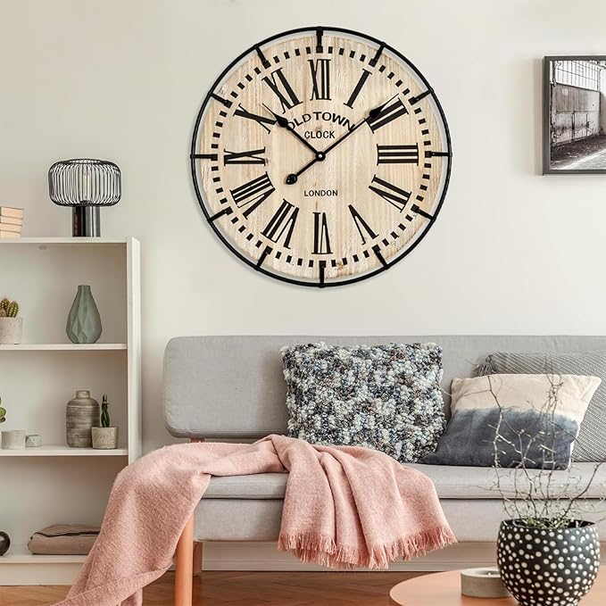 Rustic Farmhouse Wall Clock 24 Inch, Vintage Oldtown London Wooden Large Clock with Silent Tick, for Bedroom, Office, Kitchen, Indoor Home Decoration