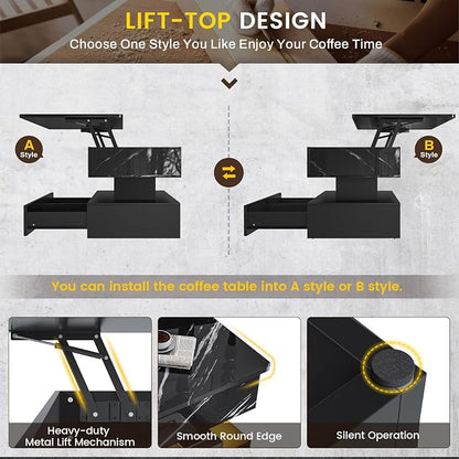 SEDETA 47.2" Lift Top Coffee Table, Coffee Tables with Storage for Living Room, 2 Drawers Coffee Table with Power Outlet & LED Light for Dining Reception Room, High Gloss Black Marble