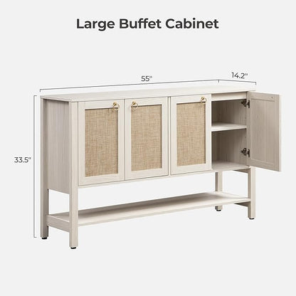 SICOTAS Rattan Sideboard Buffet Cabinet with Open Storage - Large Storage Cabinet with 4-Doors and Adjustable Shelves, Boho Credenza Coffee Bar Cabinets Buffet Table Console Table for Kitchen,Hallway