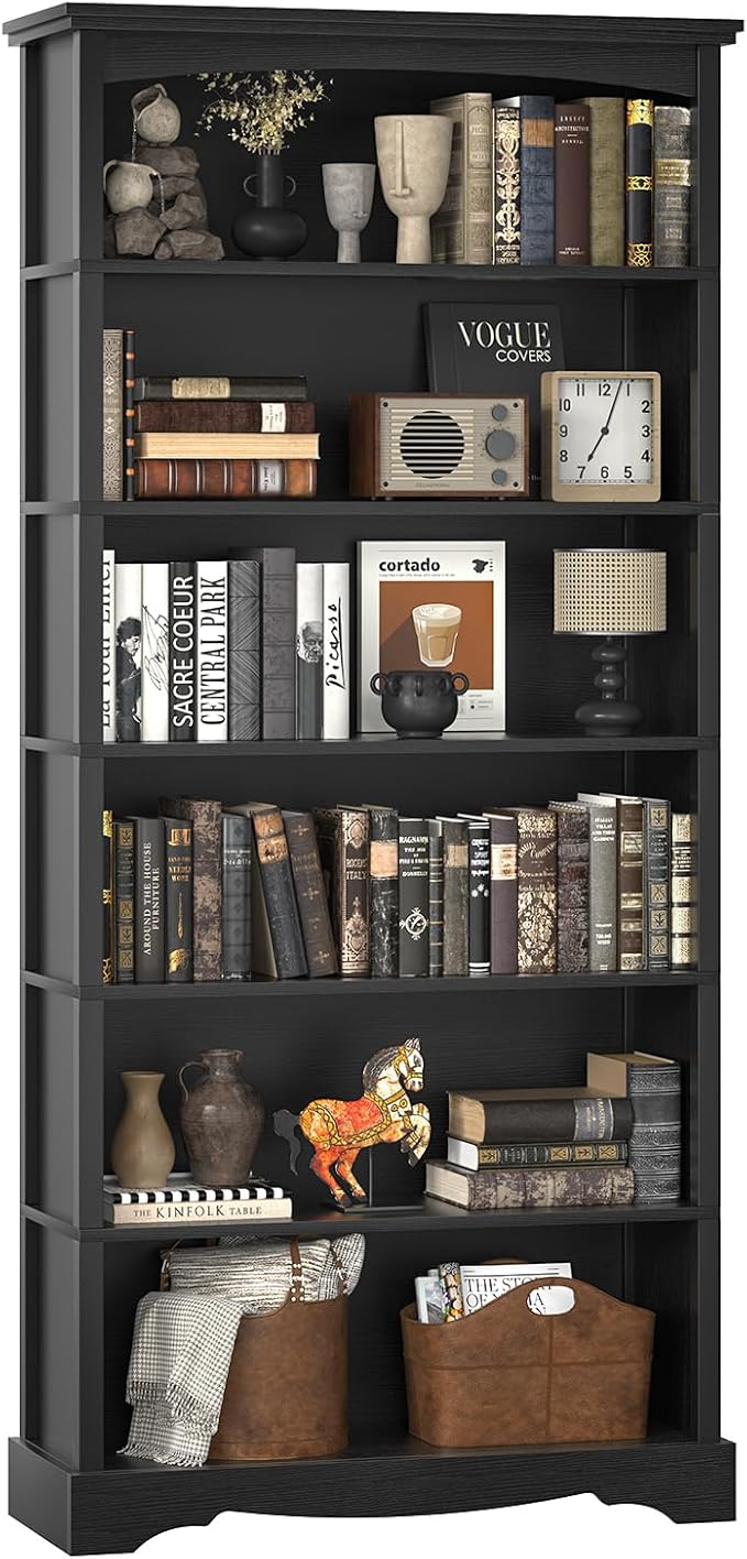 TVU 6-Tier Wooden Bookshelf, 76 Inch Tall Bookshelf with Storage, Floor Standing Modern Style Display Bookcase for Living Room, Office, Study Room, Entryway, Black