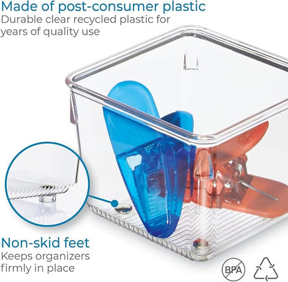 iDesign Linus Plastic Kitchen Drawer Organizer for Silverware, Spatulas, Cutlery, Gadgets, Office Supplies, Cosmetics, 4" x 4" x 3", Set of 2, Clear