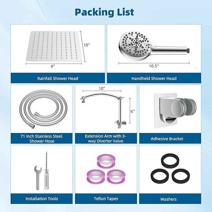 Hibbent All Metal cUPC Certified Shower Head, 10'' High Pressure Rainfall Shower Head, Handheld Showerhead Combo with 16'' Adjustable Extension Arm, 10 Sprays, 71'' Hose, Showerhead Holder, Chrome