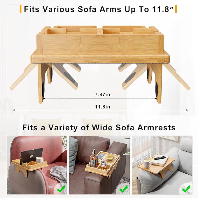 Bestjing Bamboo Couch Cup Holder Tray - 2 in 1 Couch Armrest Table with Be Slide-Away Detachable Double Holder - Sofa Armchair Caddy for Drinking Snacks iPad TV Remote