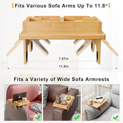 Bestjing Bamboo Couch Cup Holder Tray - 2 in 1 Couch Armrest Table with Be Slide-Away Detachable Double Holder - Sofa Armchair Caddy for Drinking Snacks iPad TV Remote