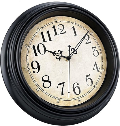 Plumeet Retro Wall Clock, 12'' Non Ticking Classic Silent Vintage Wall Clocks Decorative Kitchen Living Room Bedroom - Battery Operated, Black