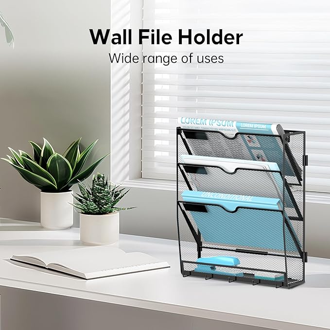 2 Pack 4 Tier Wall File Organizer - Hanging File Organizer with 5 Hooks, Mail Holder Wall Mounted for Papers, Folders, Magazines, Bills, Office&School Organization, Black